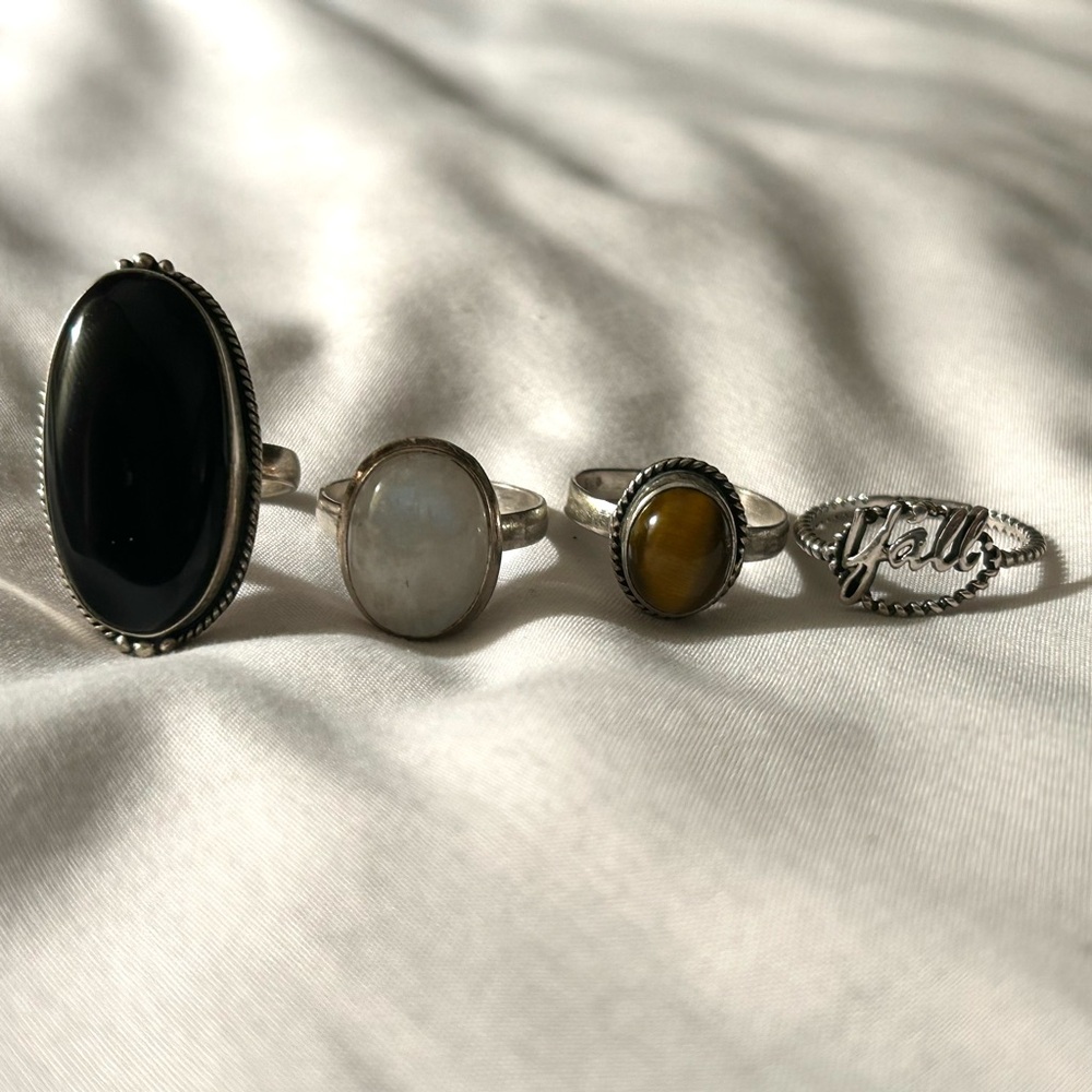 Assorted Stone and Silver Rings Size 9.5 - Moonstone, Tiger’s Eye, Black Onyx